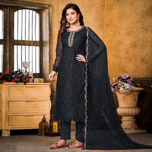 Black Sequins Floral Embroidered Net Semi Stitched Suit