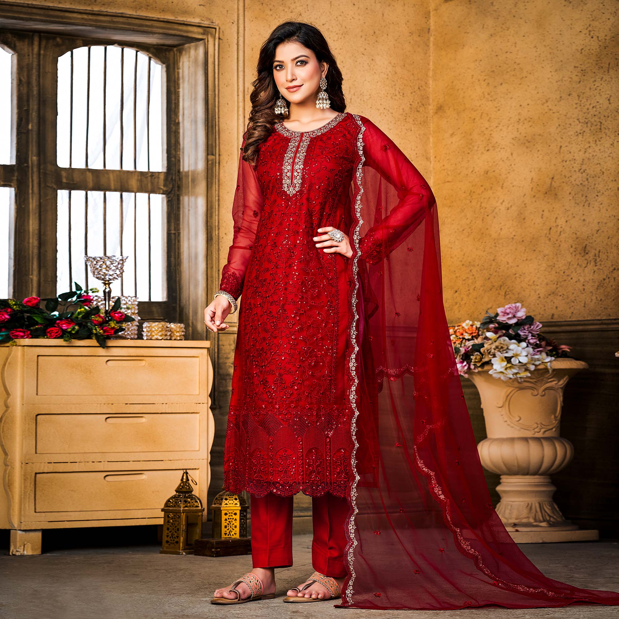 Red Sequins Floral Embroidered Net Semi Stitched Suit