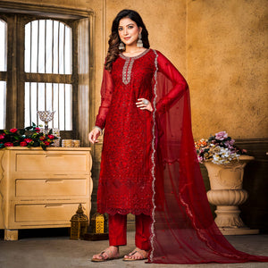 Red Sequins Floral Embroidered Net Semi Stitched Suit
