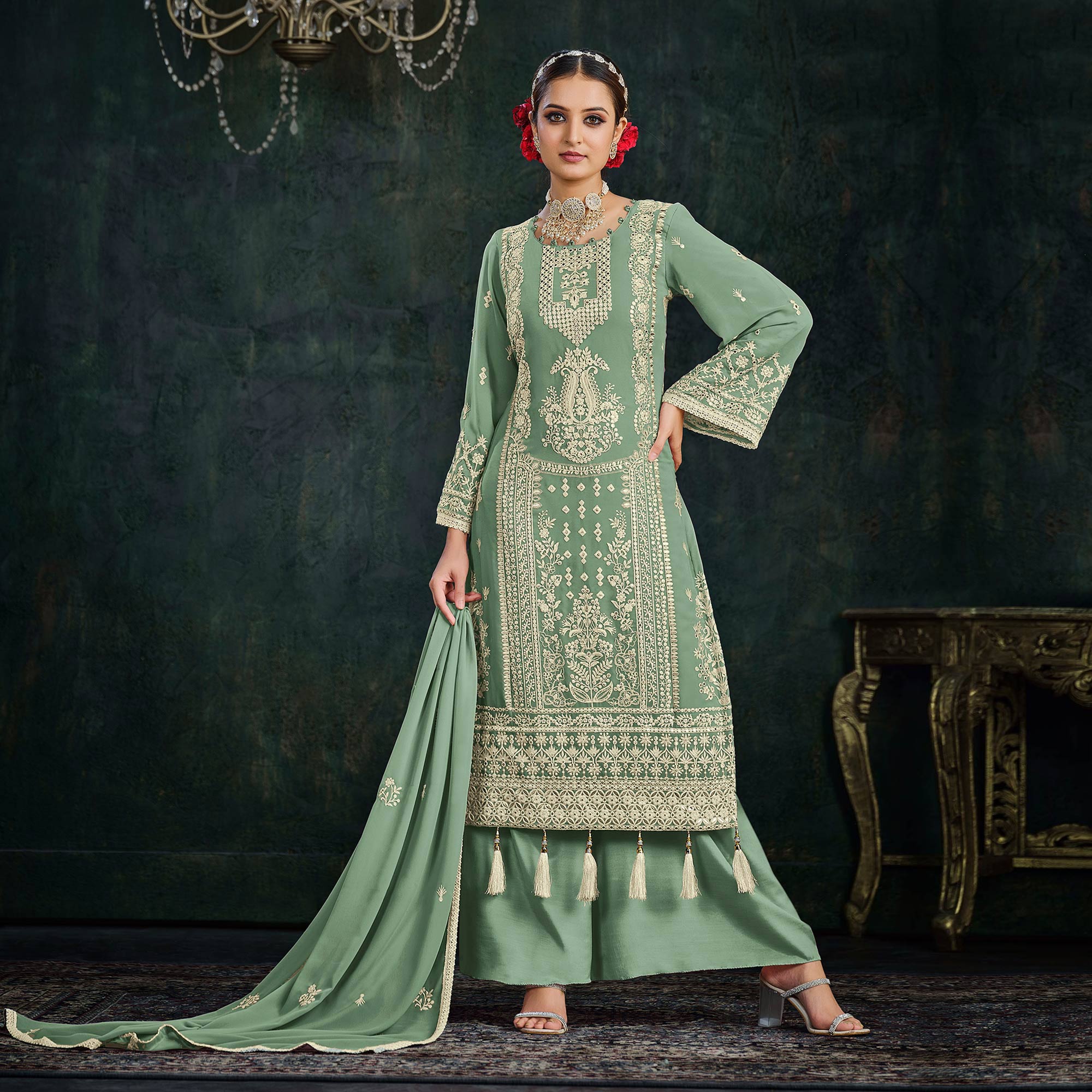 Green Floral Embroidered Georgette Semi Stitched Palazzo Suit