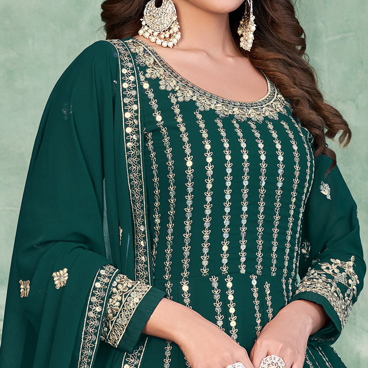 Rama Green Sequins Embroidered Georgette Semi Stitched Anarkali Suit