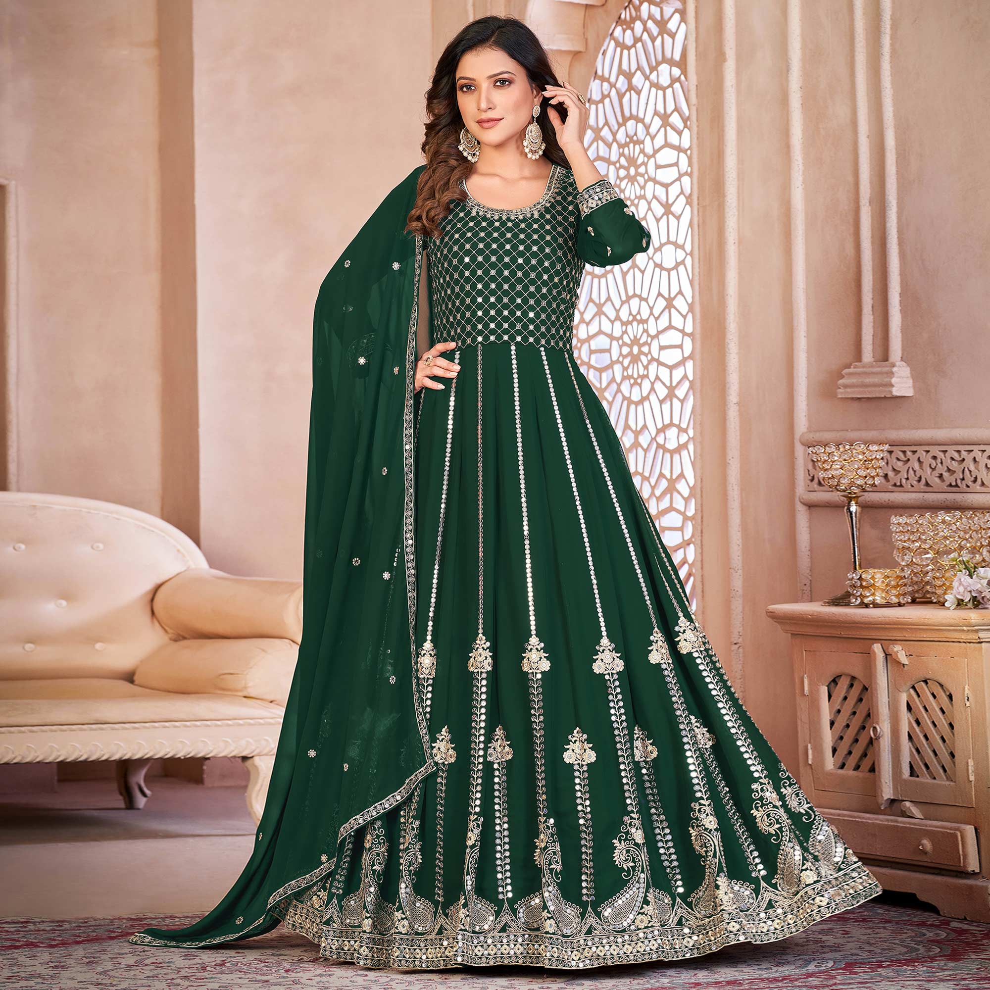 Green Floral Sequins Embroidered Georgette Semi Stitched Anarkali Suit