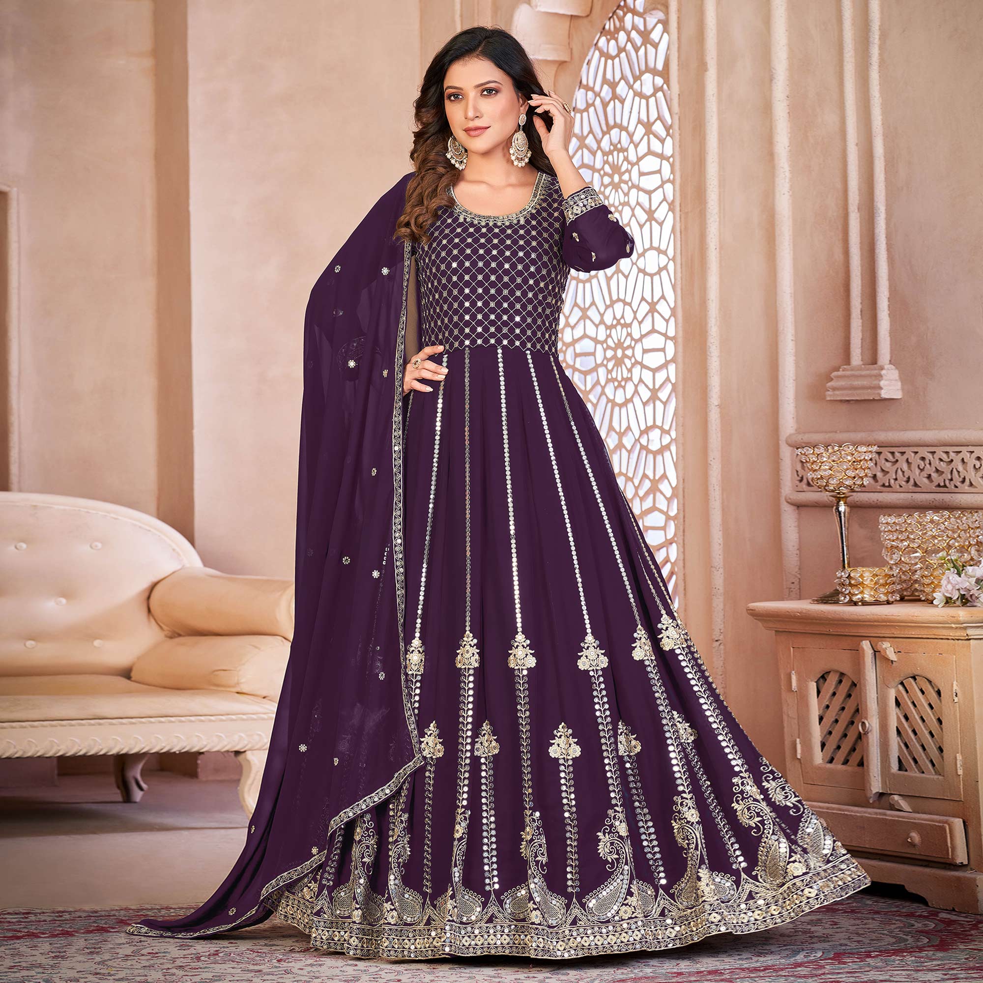 Purple Floral Sequins Embroidered Georgette Semi Stitched Anarkali Suit