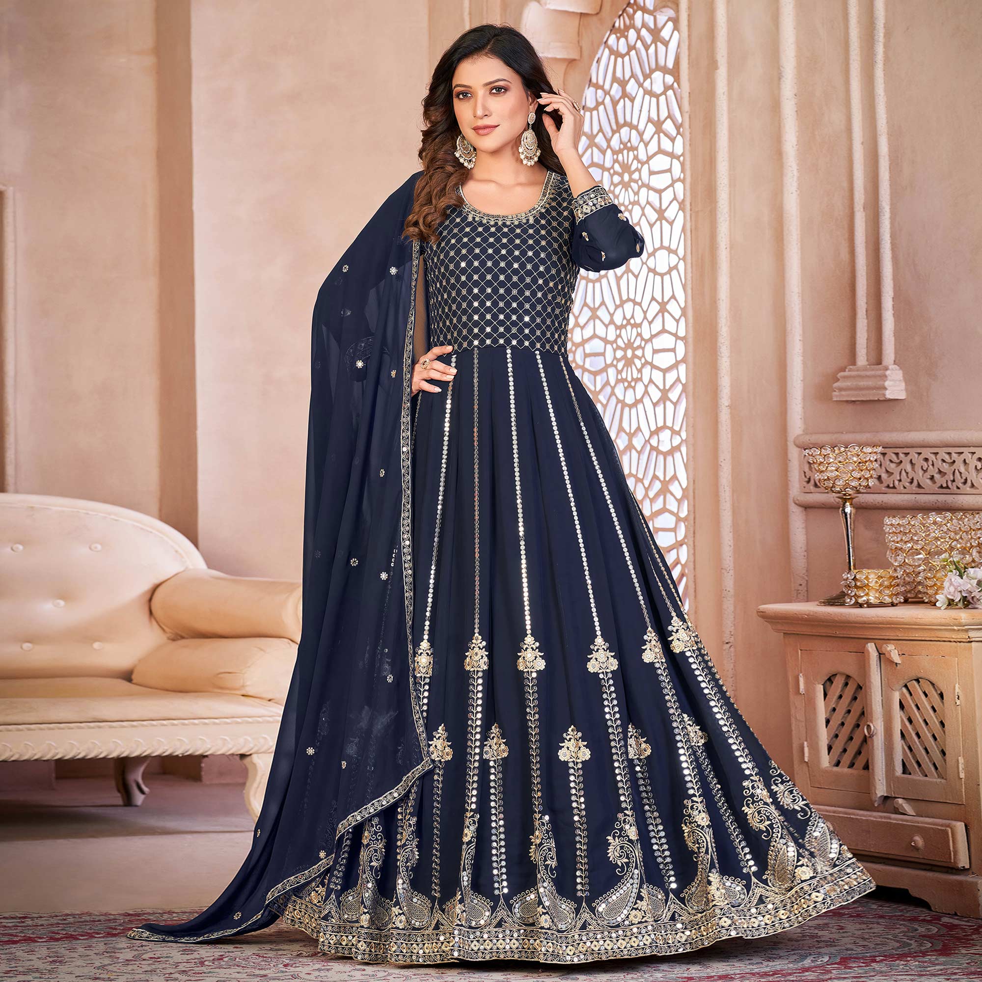 Blue Floral Sequins Embroidered Georgette Semi Stitched Anarkali Suit