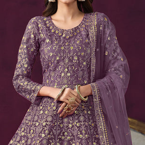 Purple Floral Embroidered Net Semi Stitched Anarkali Suit