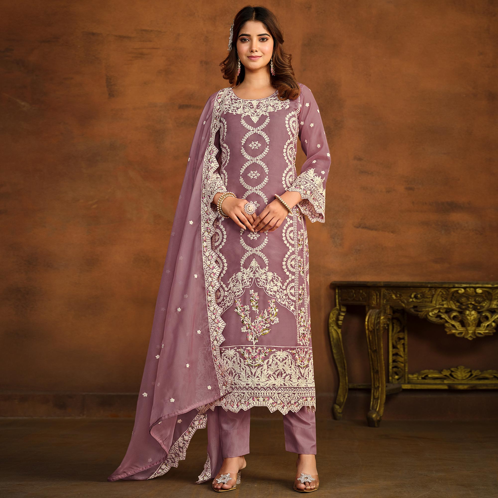 Mauve Floral Embroidered Soft Organza Semi Stithed Suit