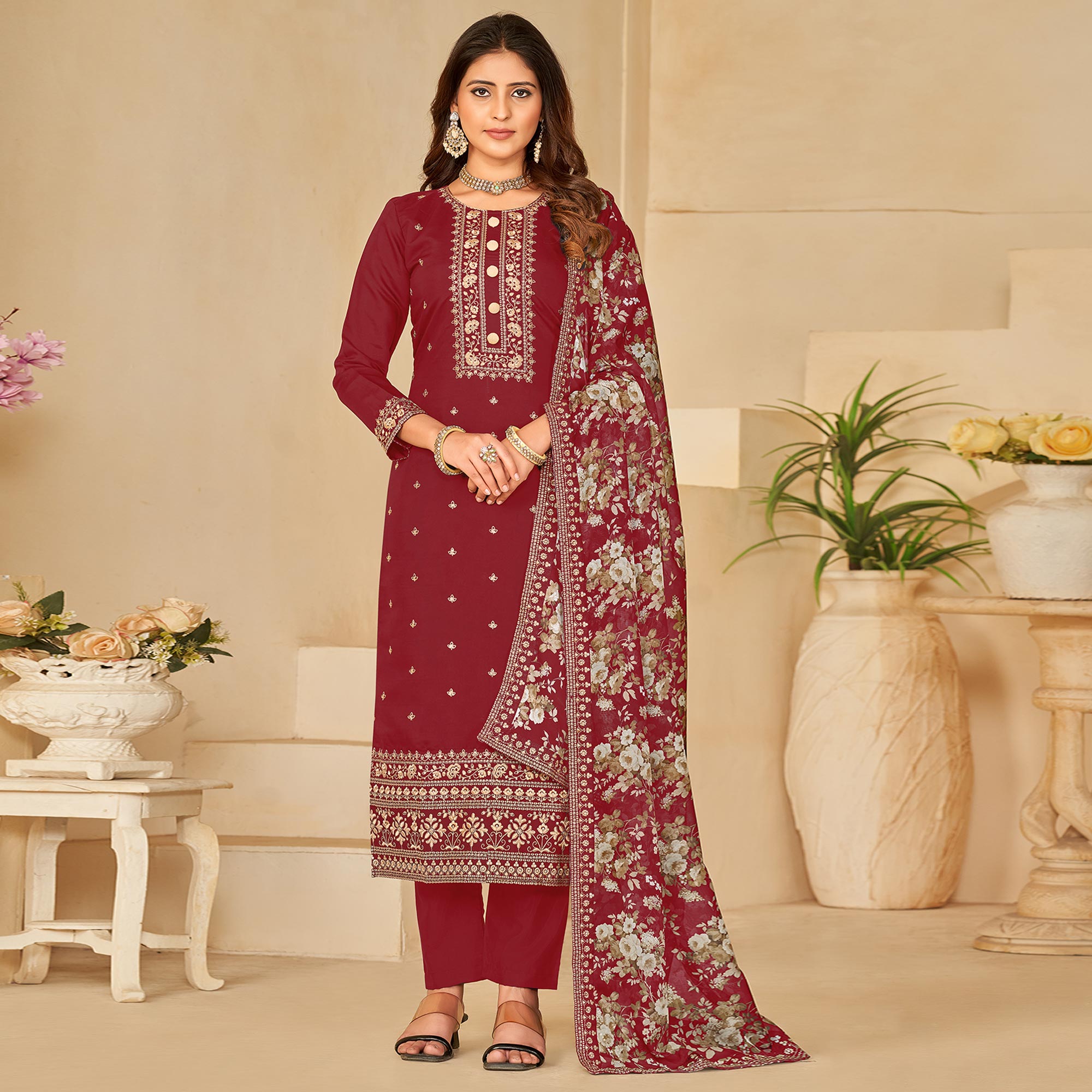 Maroon Embroidered Pure Silk Semi Stitched Suit