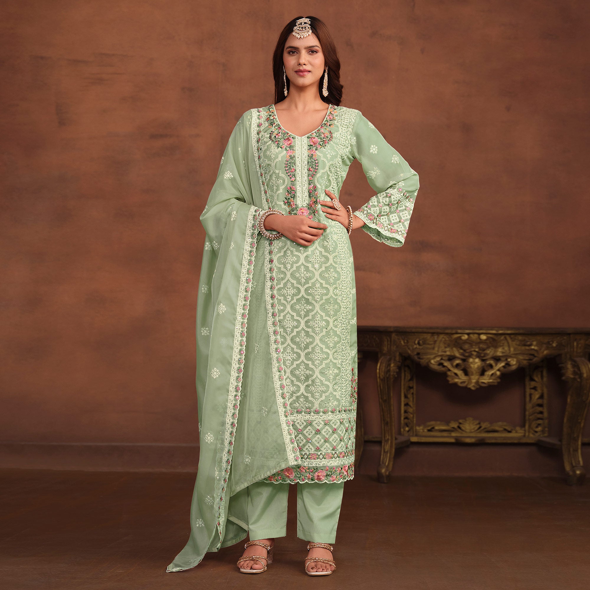 Green Floral Embroidered Organza Semi Stitched Suit