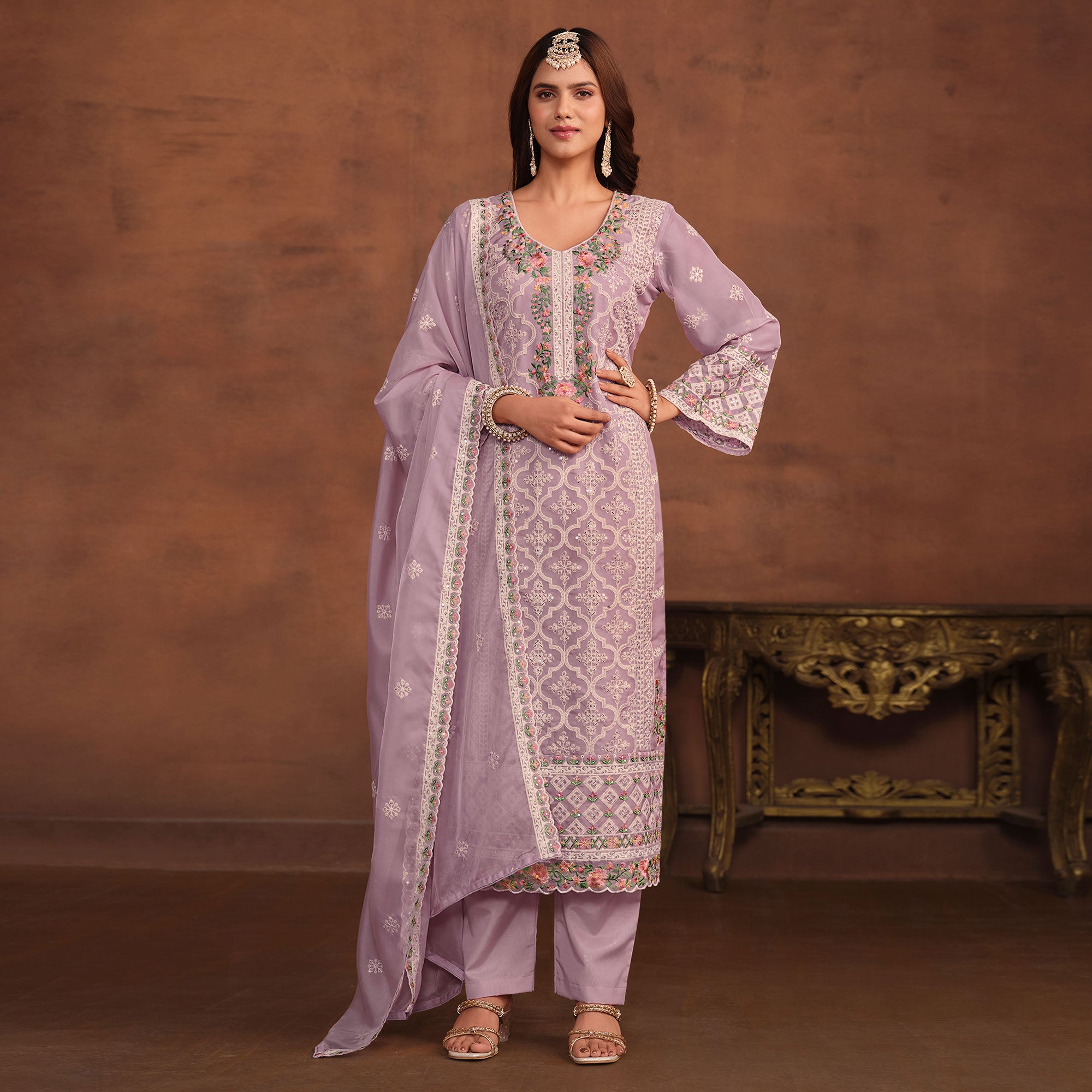 Purple Floral Embroidered Organza Semi Stitched Suit