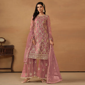Pink Floral Embroidered Net Semi Stitched Sharara Suit