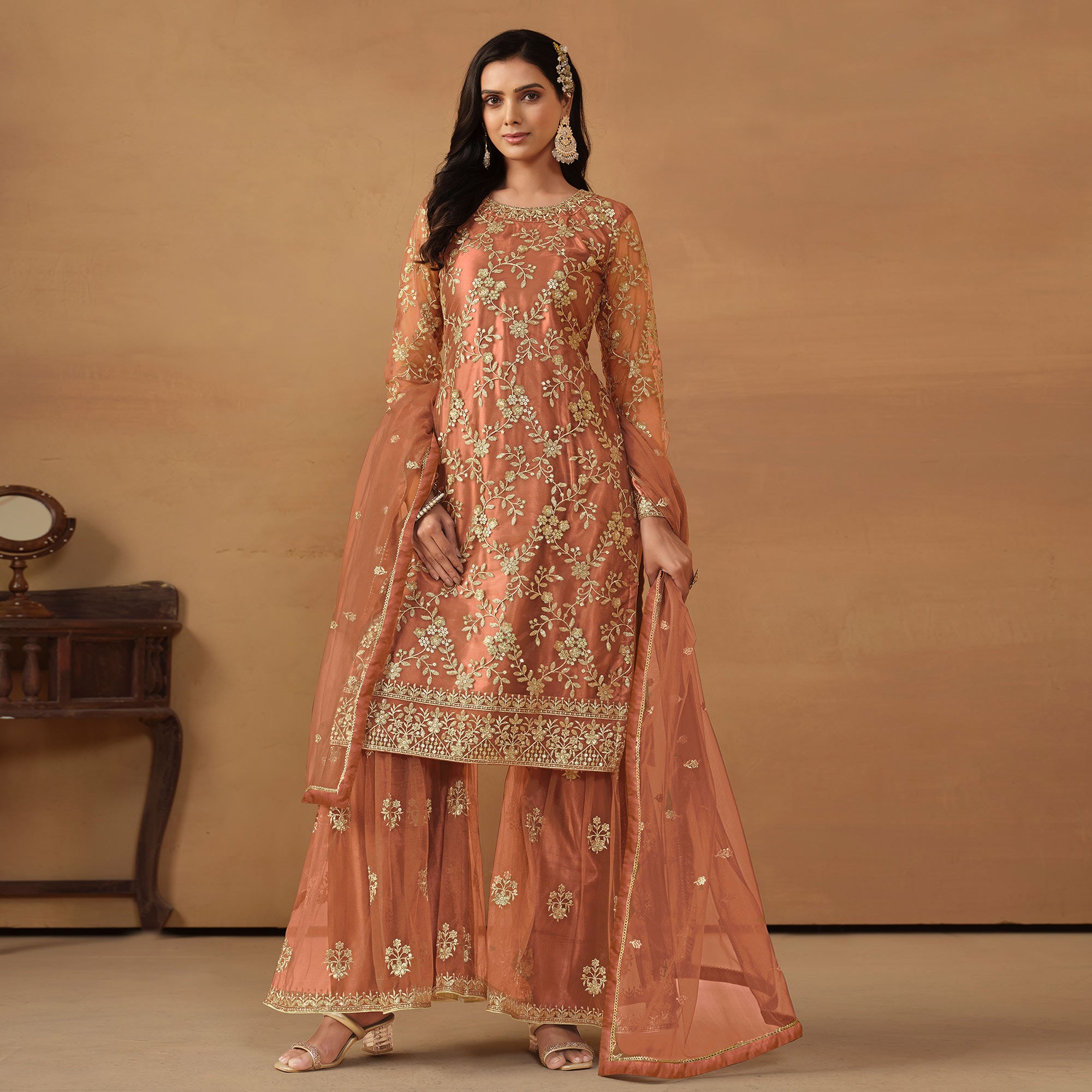 Dusty Orange Floral Embroidered Net Semi Stitched Sharara Suit