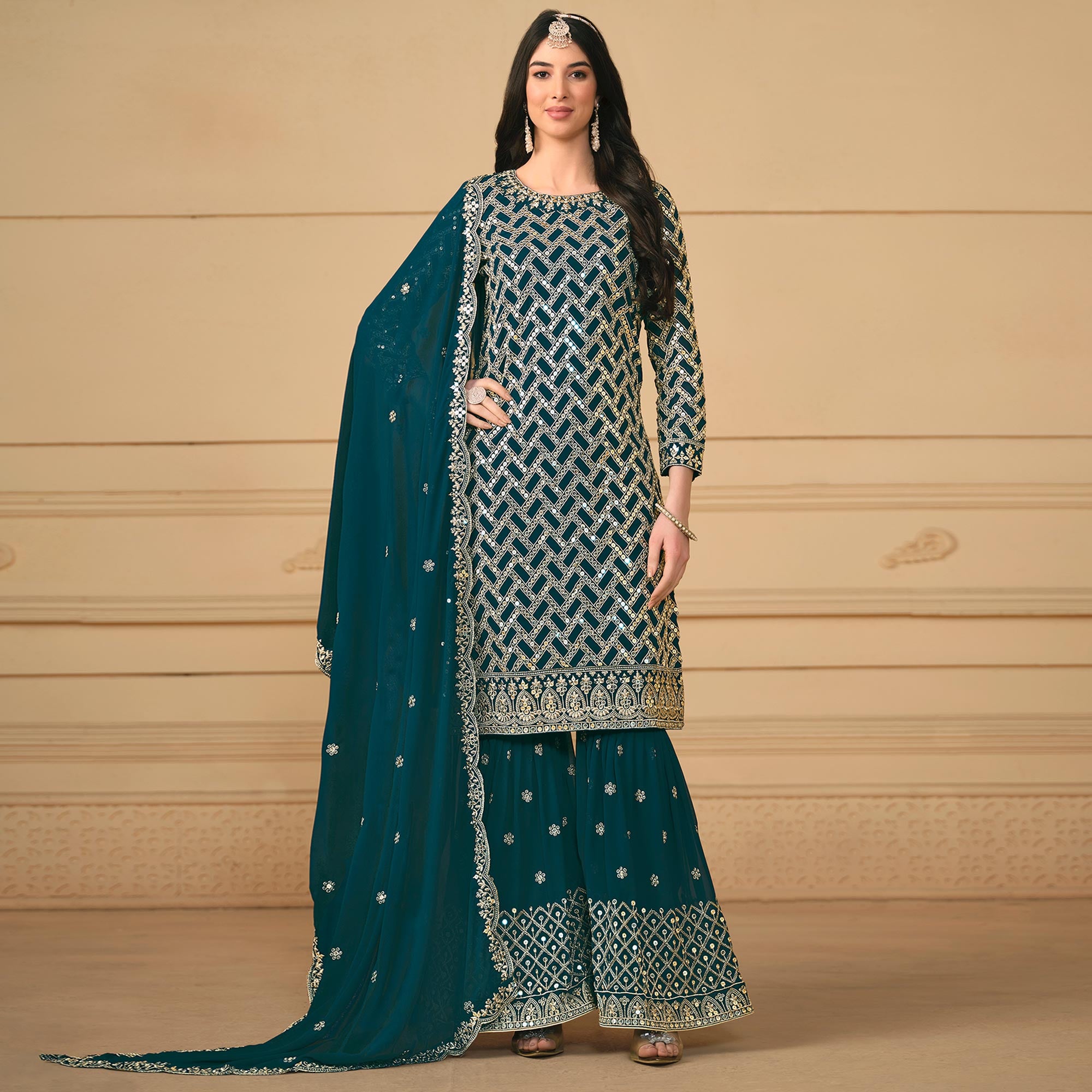 Teal Sequins Embroidered Georgette Semi Stitched Sharara Suit