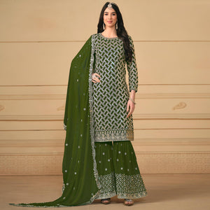 Green Sequins Embroidered Georgette Semi Stitched Sharara Suit