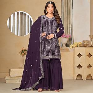 Purple Floral Sequins Embroidered Georgette Semi Stitched Sharara Suit