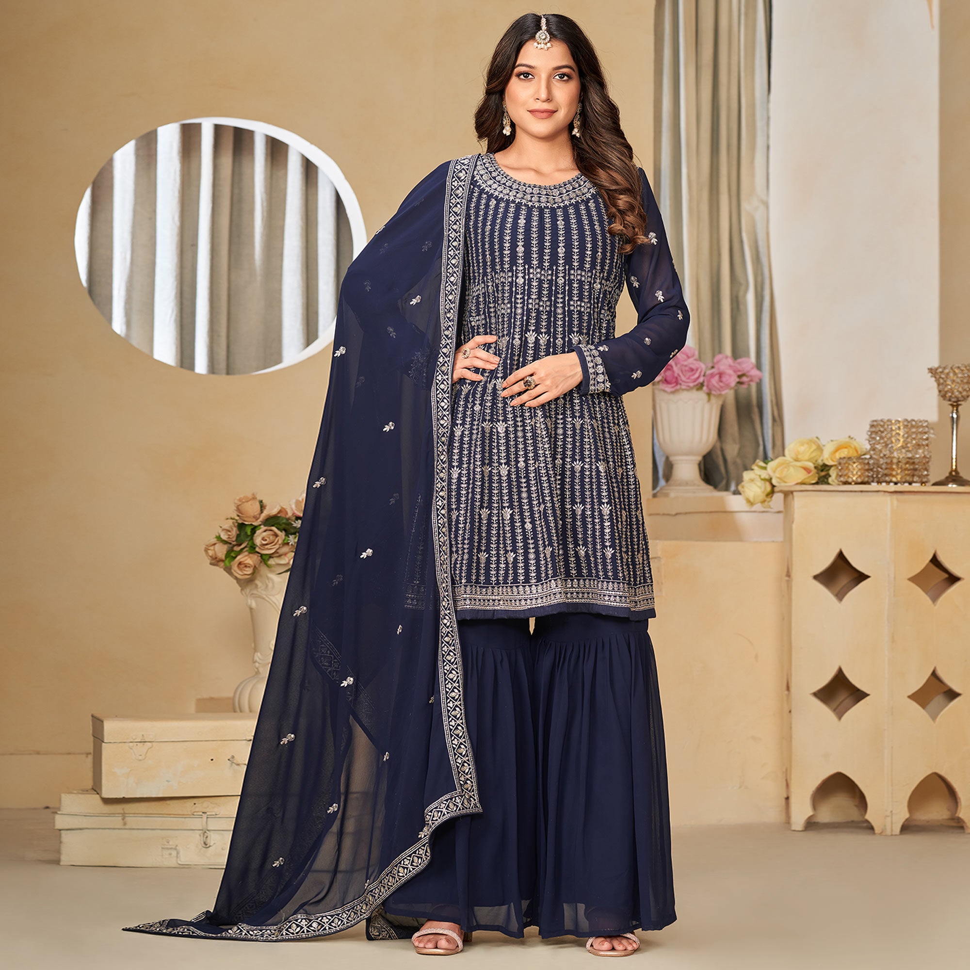 Navy Blue Floral Sequins Embroidered Georgette Semi Stitched Sharara Suit