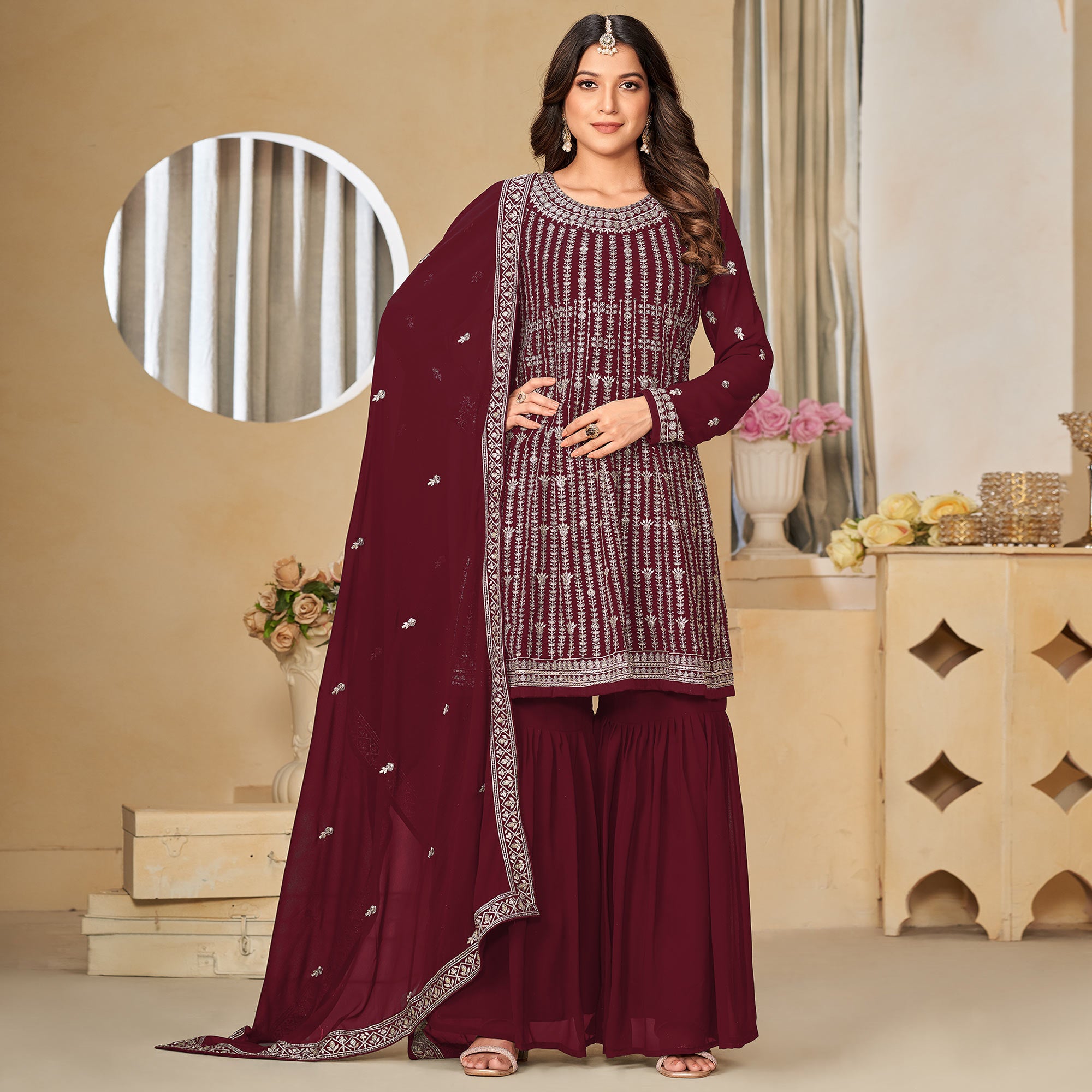 Maroon Floral Sequins Embroidered Georgette Semi Stitched Sharara Suit