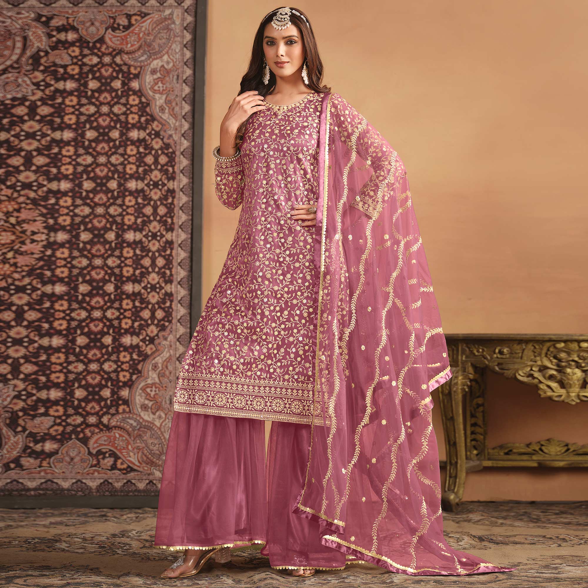 Pink Floral Sequins Embroidered Georgette Semi Stitched Sharara Suit