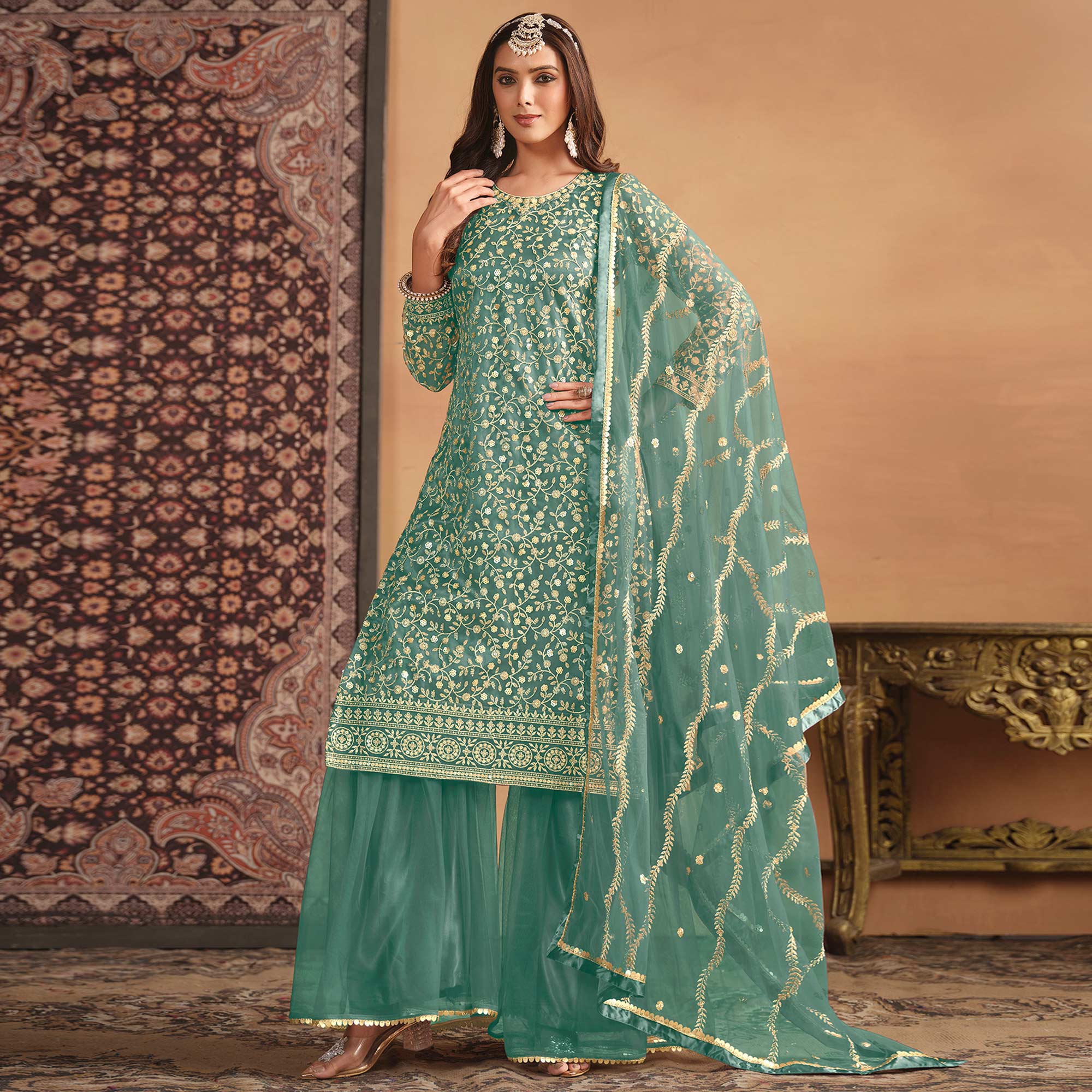 Sea Green Floral Sequins Embroidered Georgette Semi Stitched Sharara Suit