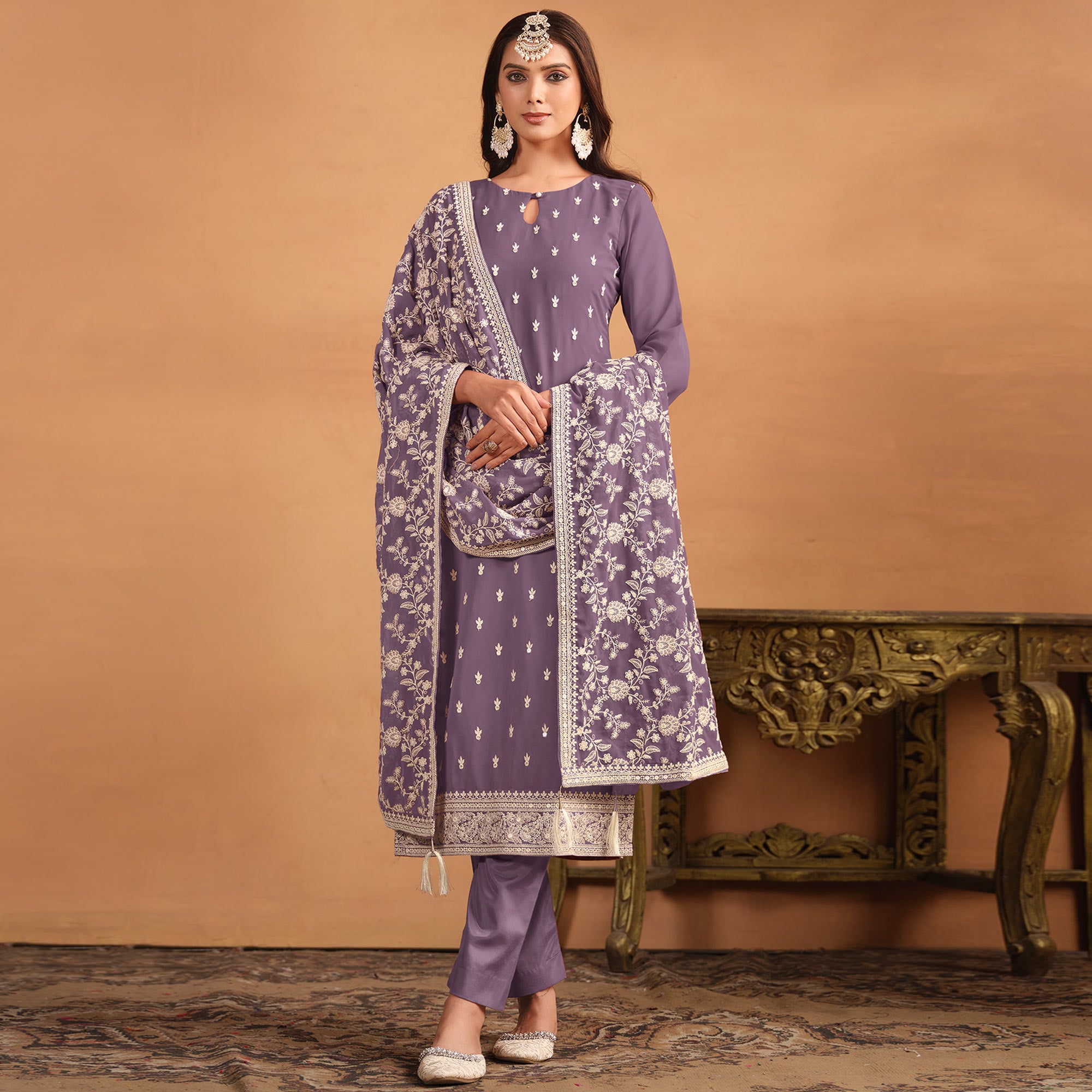 Purple Sequins Embroidered Georgette Semi Stitched Salwar Suit
