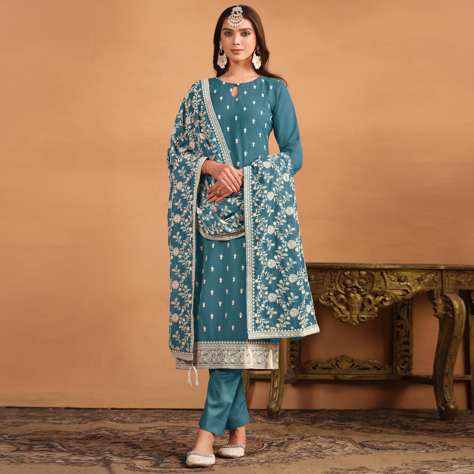 Blue Sequins Embroidered Georgette Semi Stitched Salwar Suit