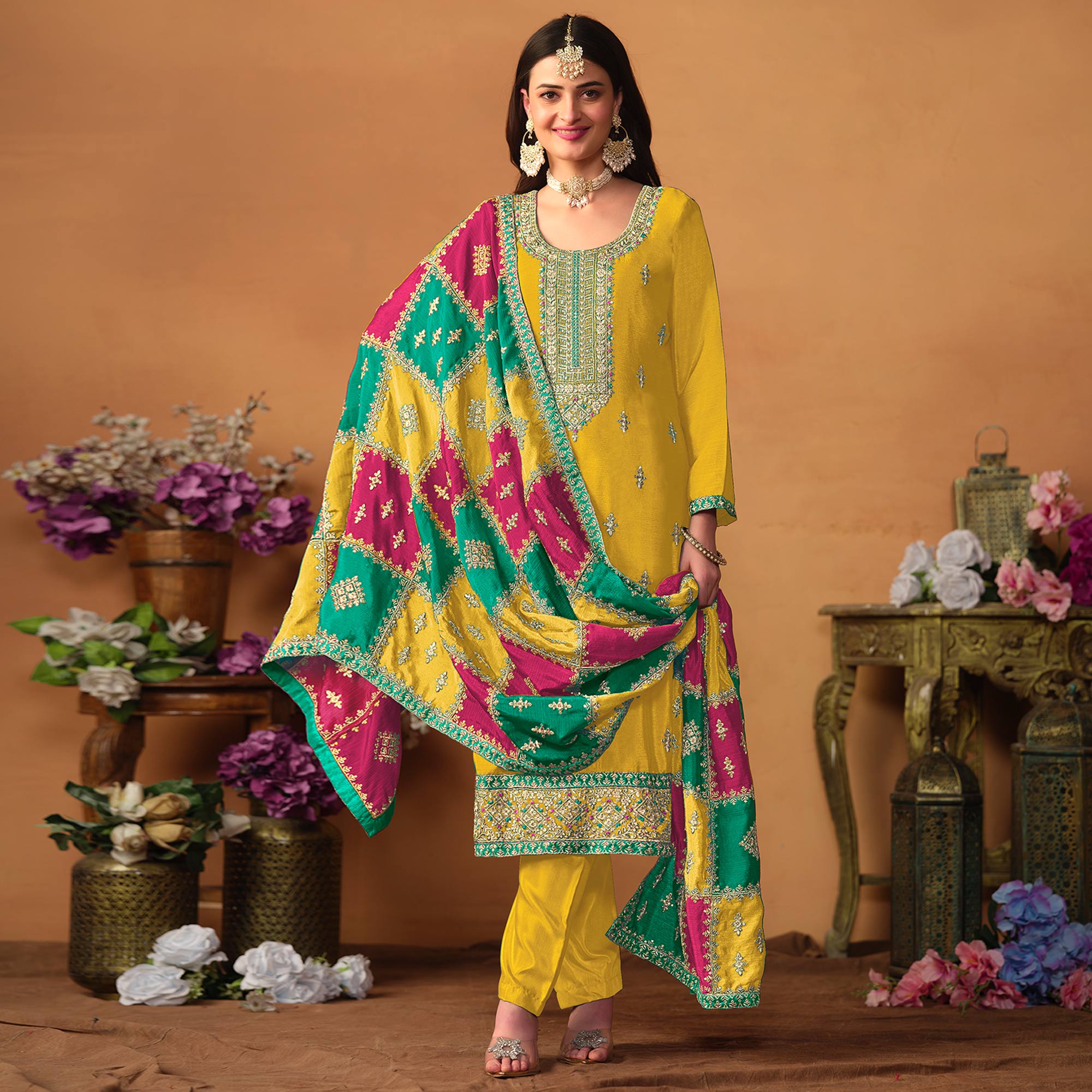 Yellow Floral Sequins Embroidered Chinon Silk Semi Stitched Salwar Suit