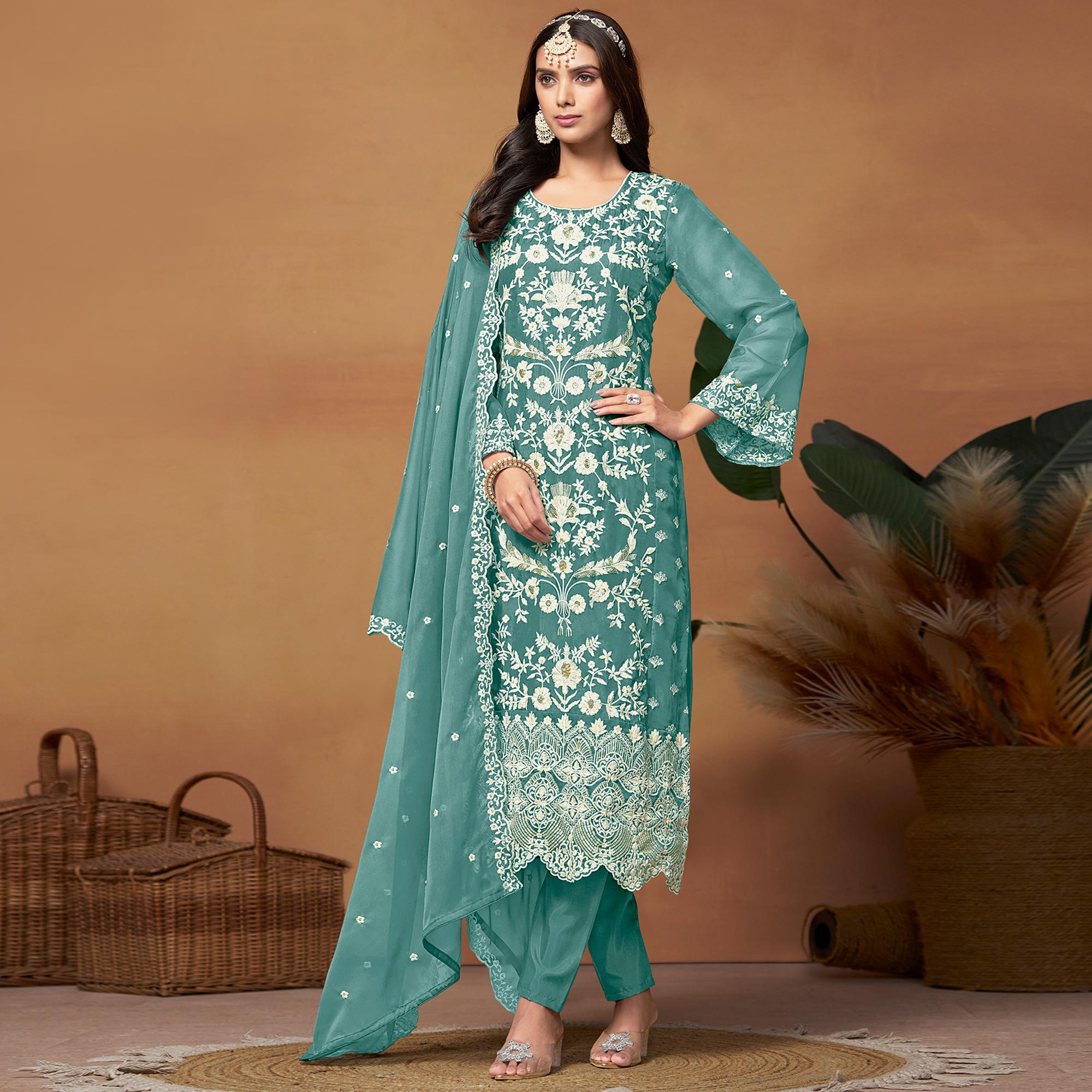 Blue Floral Sequins Embroidered Organza Semi Stitched Salwar Suit