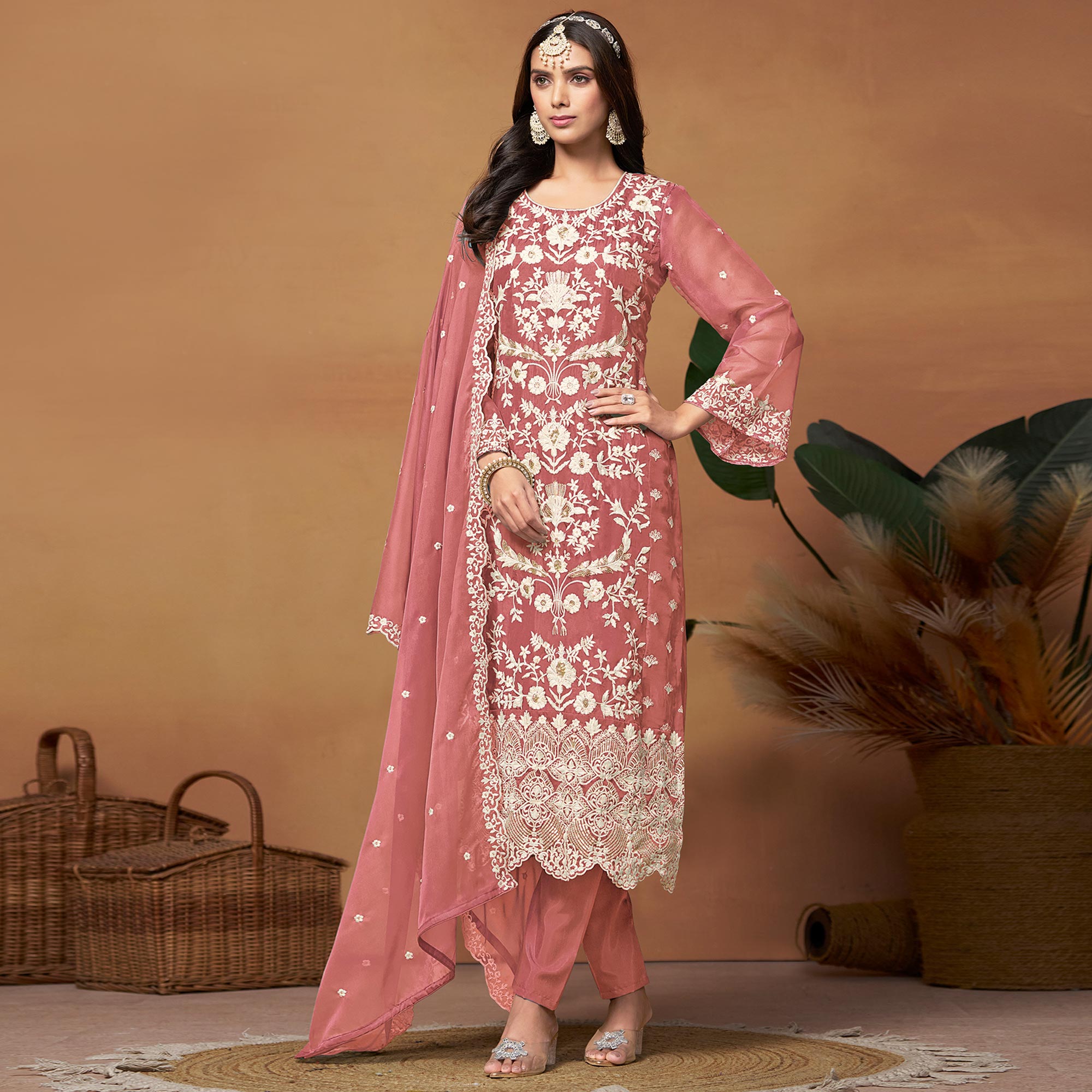 Peach Floral Sequins Embroidered Organza Semi Stitched Salwar Suit