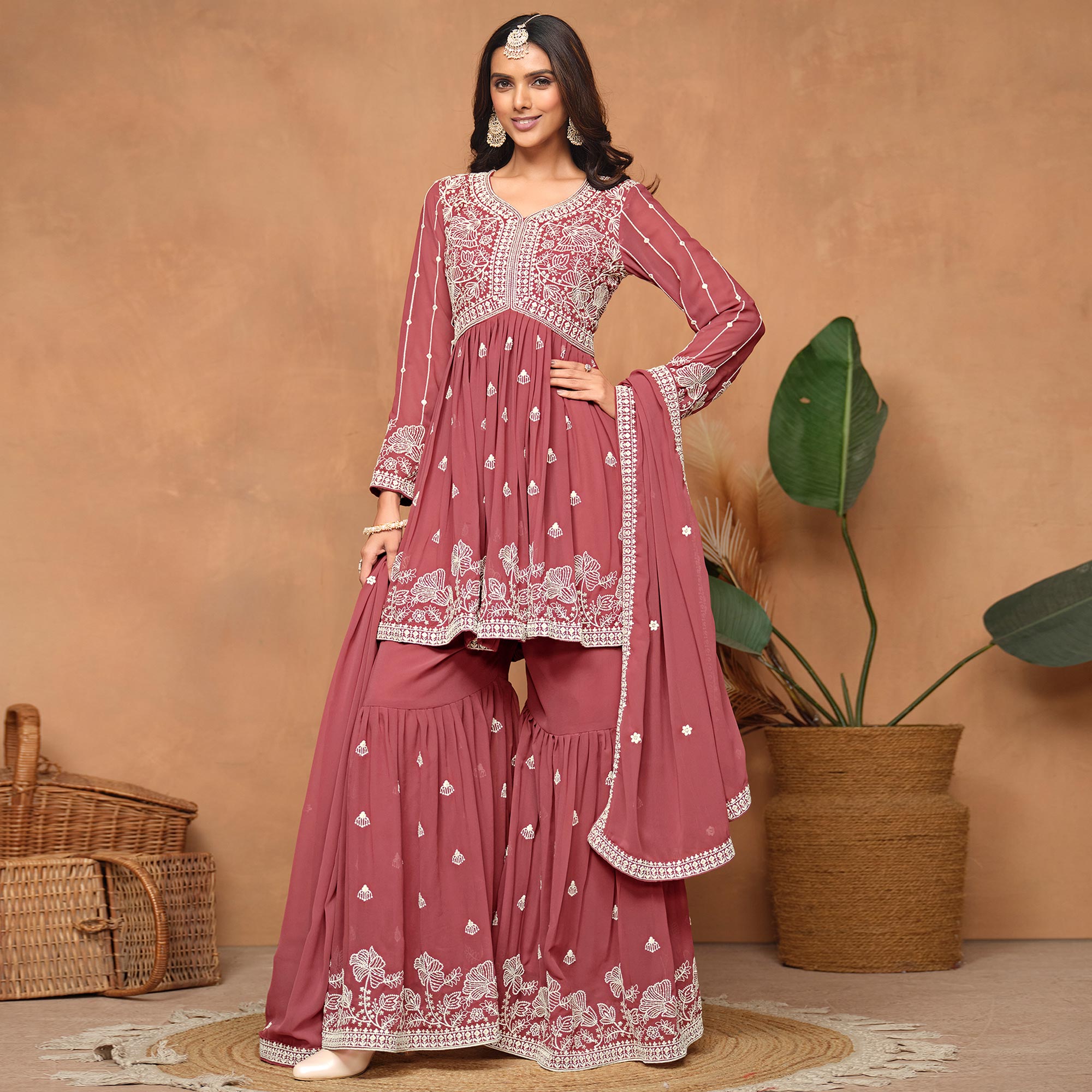 Mauve Floral Embroidered Georgette Semi Stitched Suit