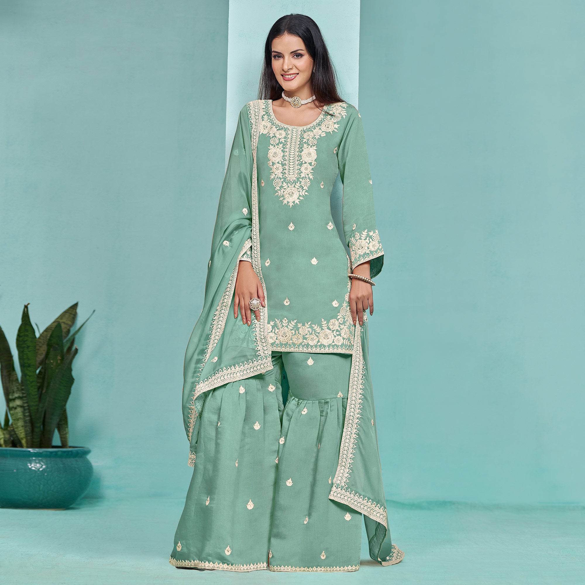 Turquoise Floral Sequins Embroidered Chanderi Semi Stitched Sharara Suit