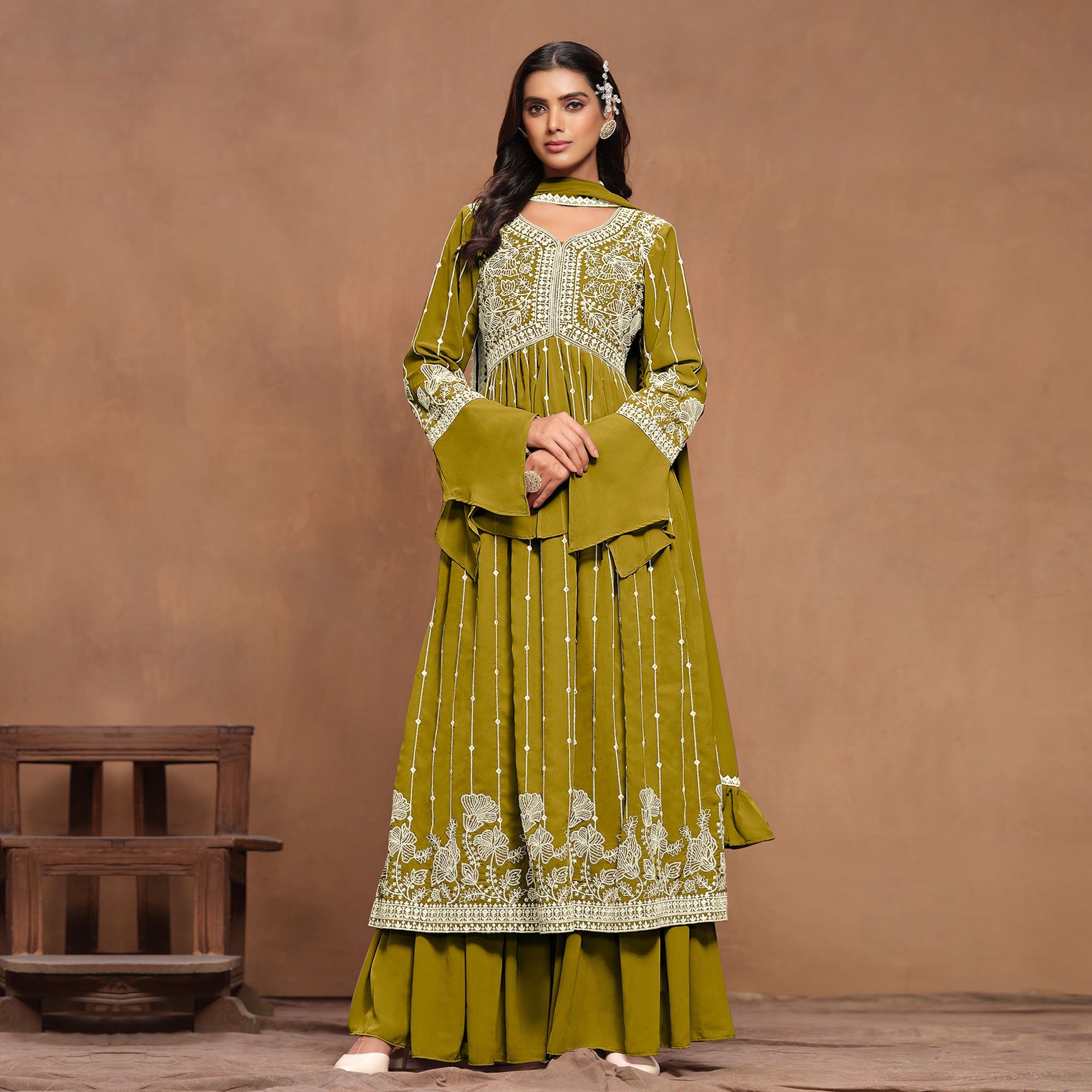 Dark Mustard Floral Embroidered Georgette Semi Stitched Alia Cut Sharara Suit