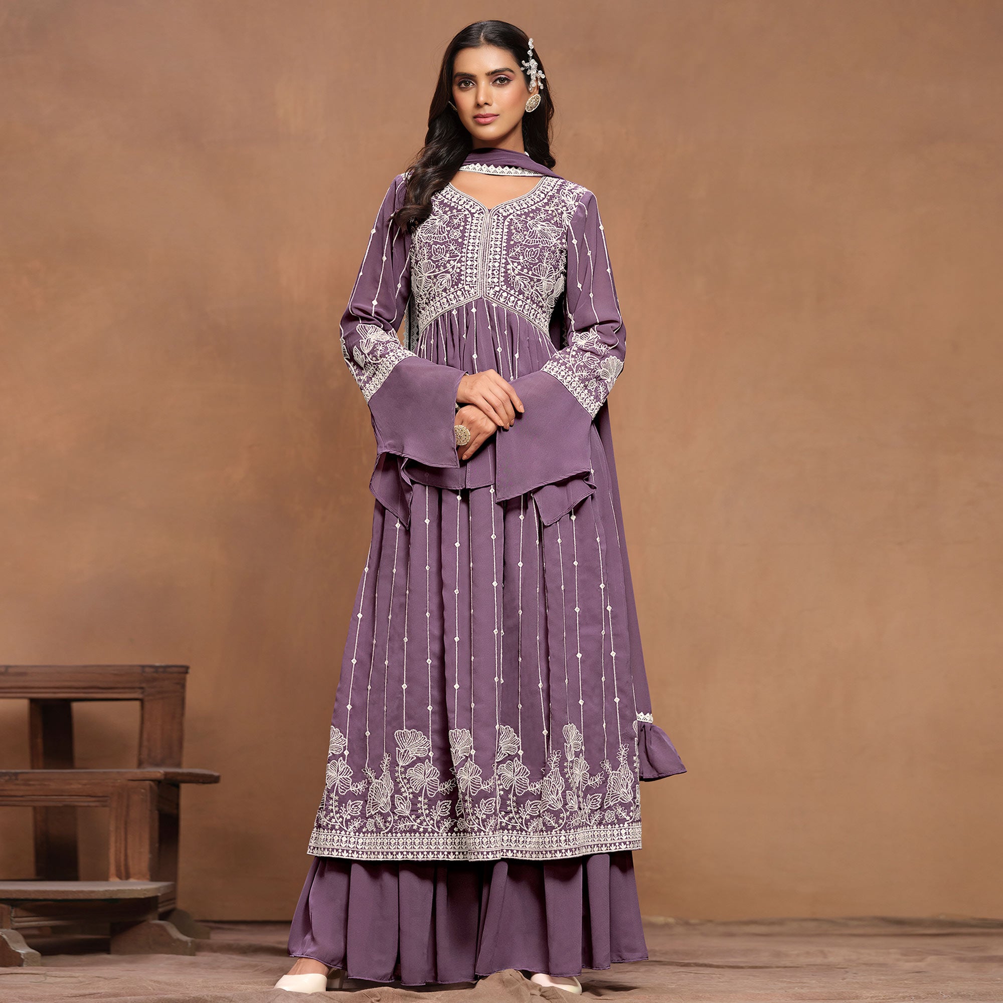 Purple Floral Embroidered Georgette Semi Stitched Alia Cut Sharara Suit