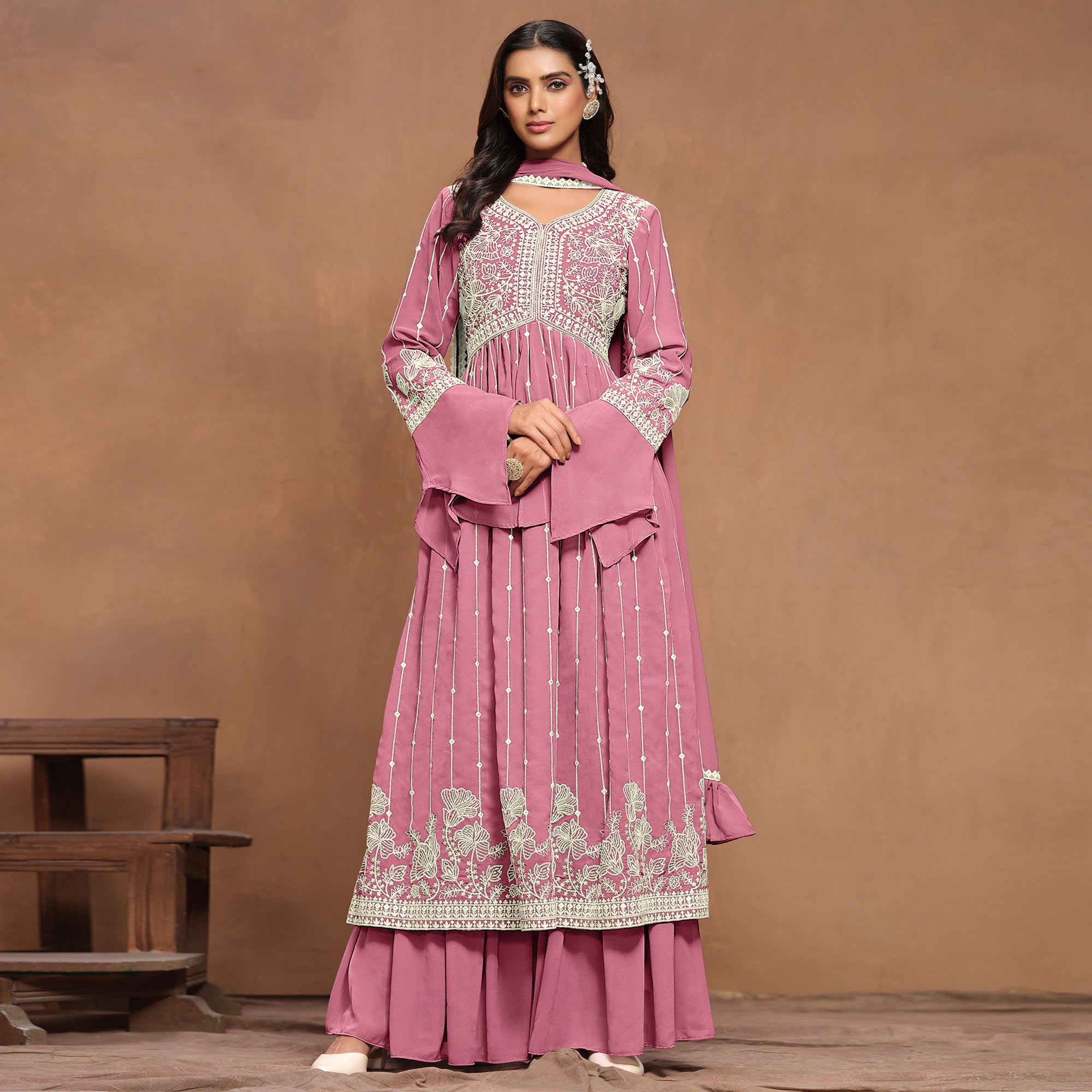 Pink Floral Embroidered Georgette Semi Stitched Alia Cut Sharara Suit
