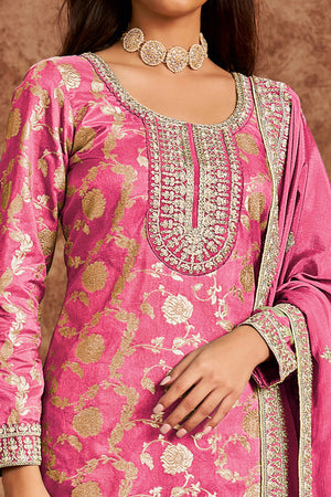 Pink Floral Woven Dola Silk Jacquard Dress Material