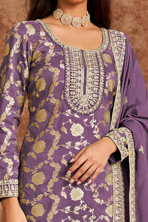 Purple Floral Woven Dola Silk Jacquard Dress Material