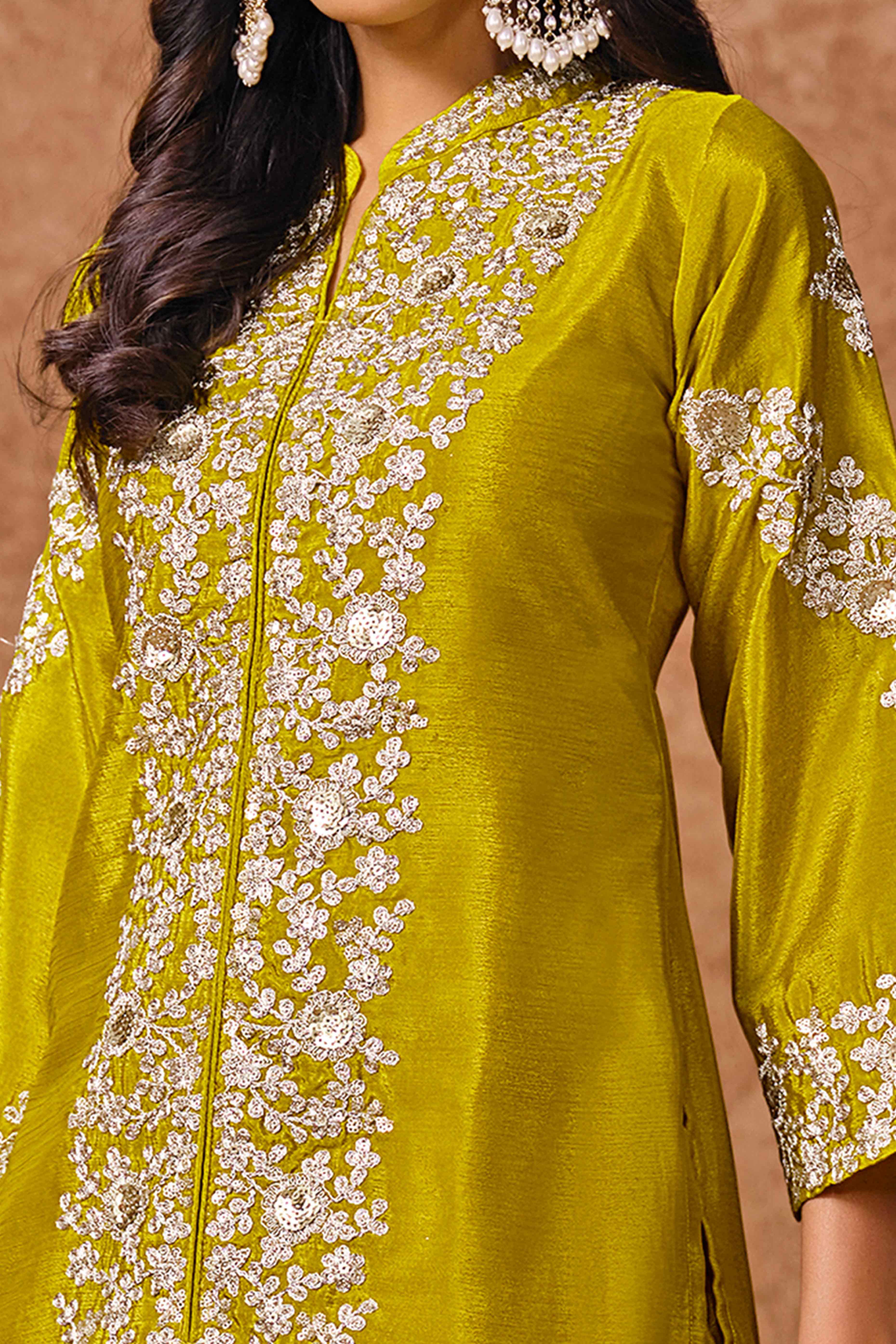 Mustard Chinon Palazzo Suit With Floral Sequins & Cording Embroidery Work