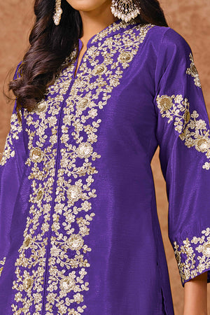 Violet Chinon Palazzo Suit With Floral Sequins & Cording Embroidery Work
