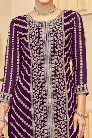 Wine Georgette Palazzo Suit Adorned With Floral Sequins & Cording Embroidery