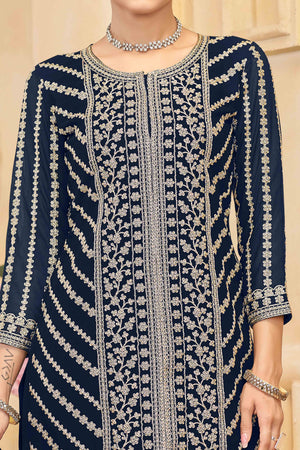 Navy Blue Georgette Palazzo Suit Adorned With Floral Sequins & Cording Embroidery