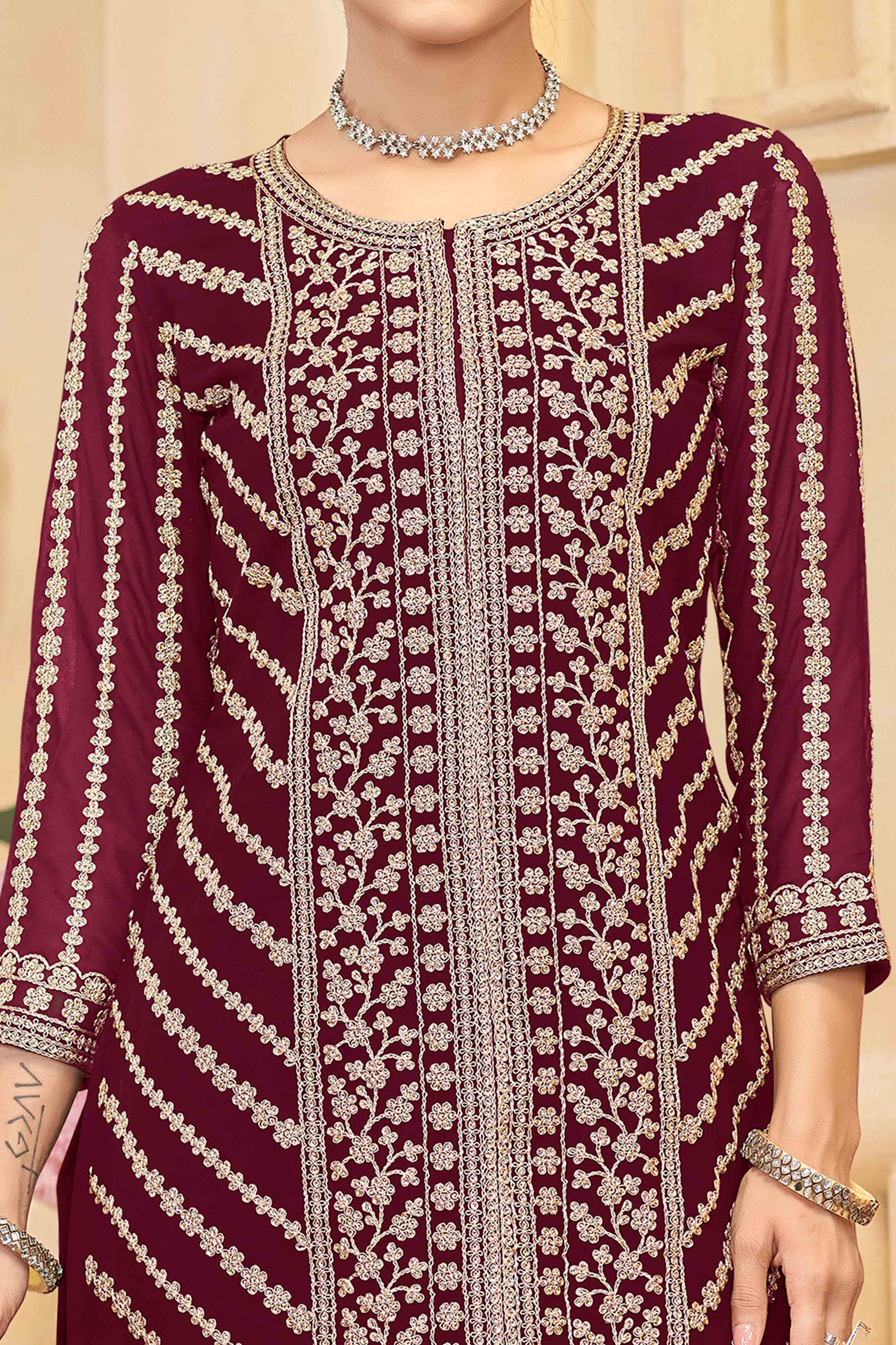 Maroon Georgette Palazzo Suit Adorned With Floral Sequins & Cording Embroidery