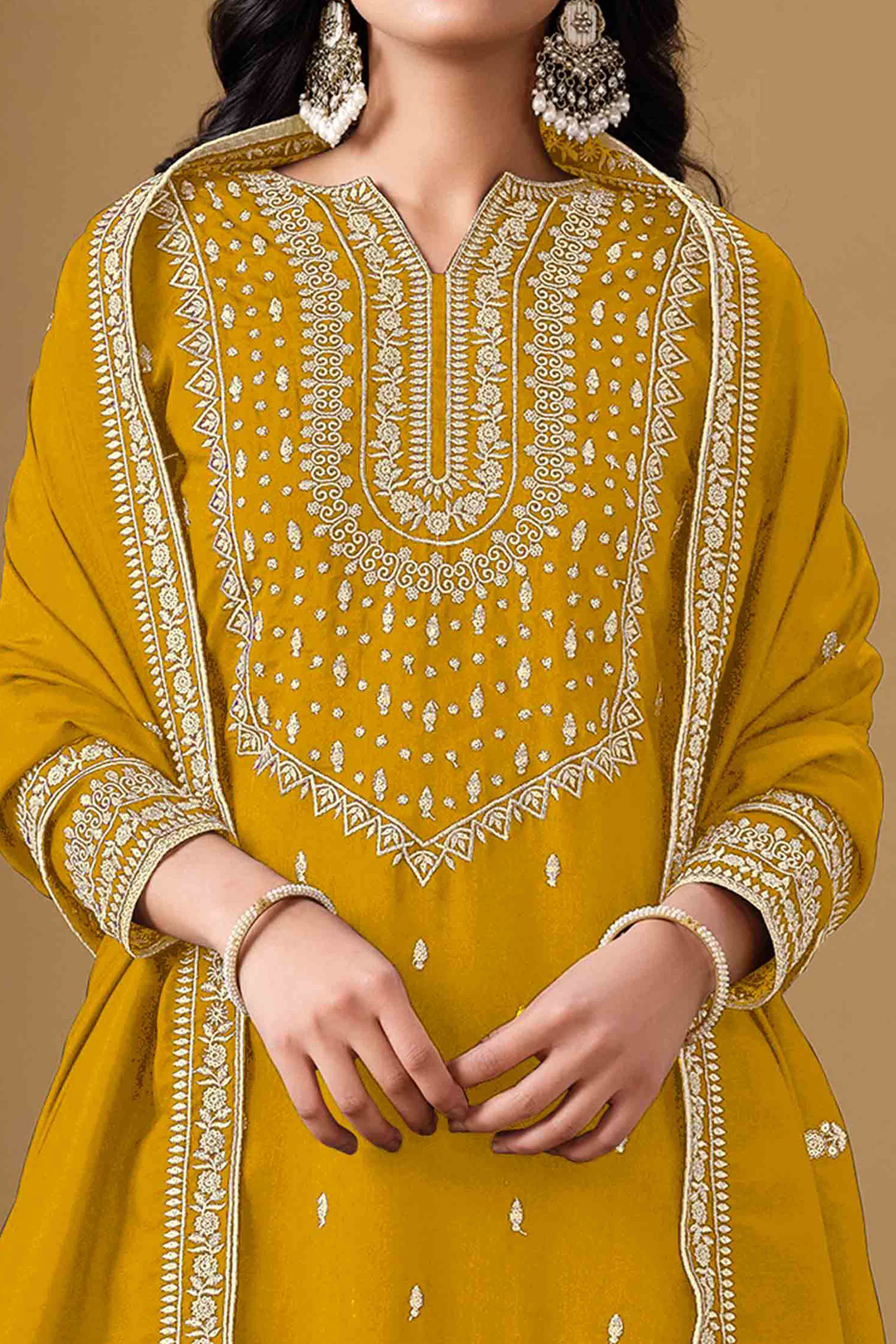 Mustard Art Silk Sharara Suit With Floral Sequins Embroidery Work