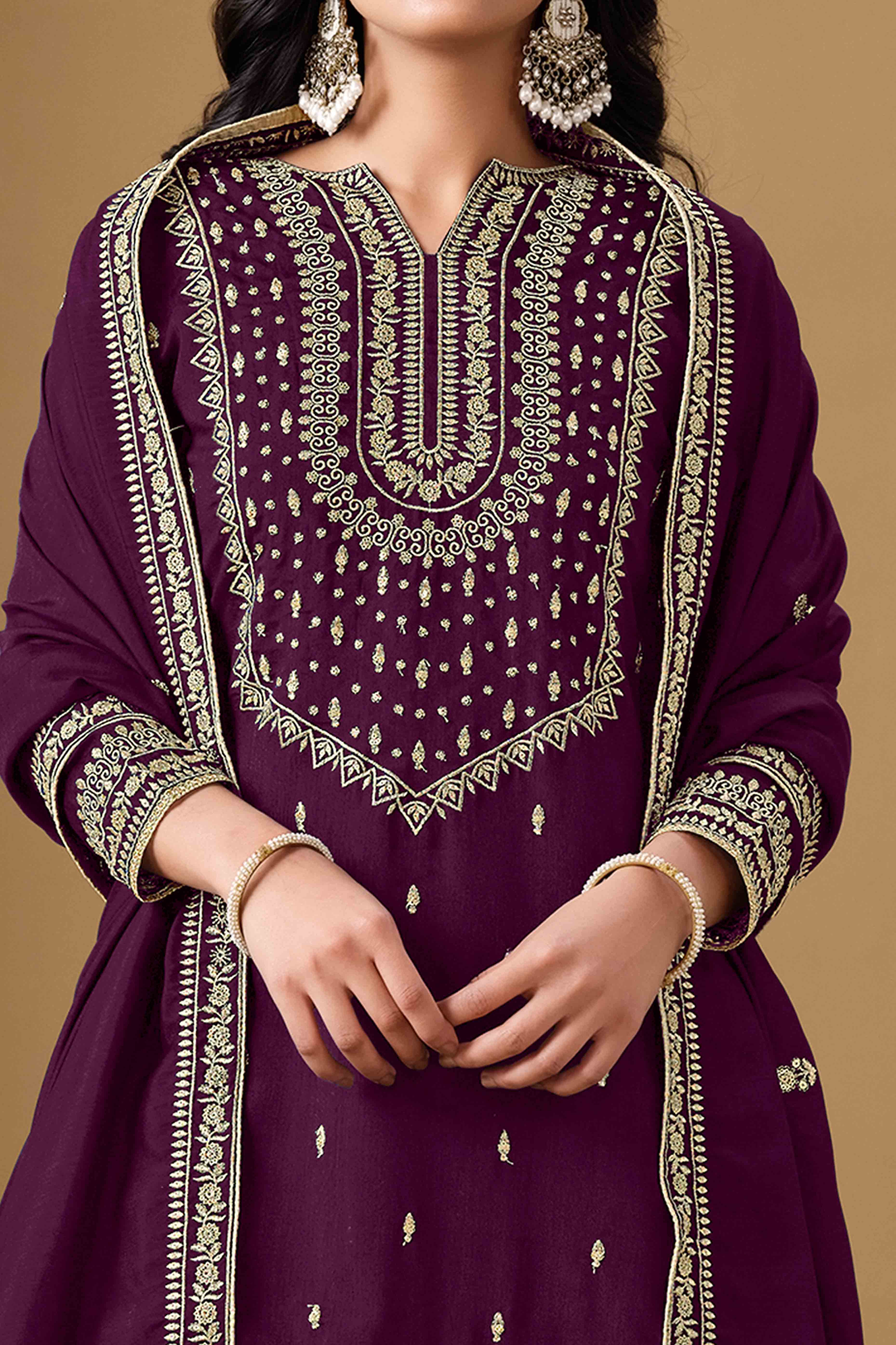 Wine Art Silk Sharara Suit With Floral Sequins Embroidery Work
