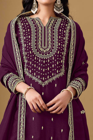 Wine Art Silk Sharara Suit With Floral Sequins Embroidery Work