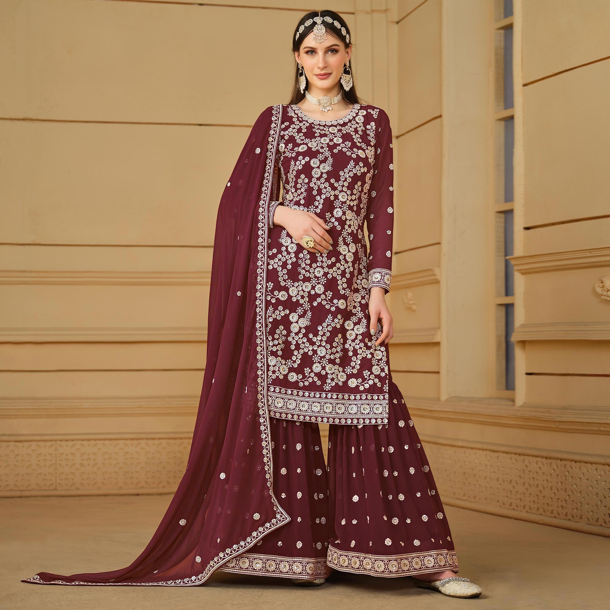 Wine Floral Embroidered Georgette Semi Stitched Sharara Suit