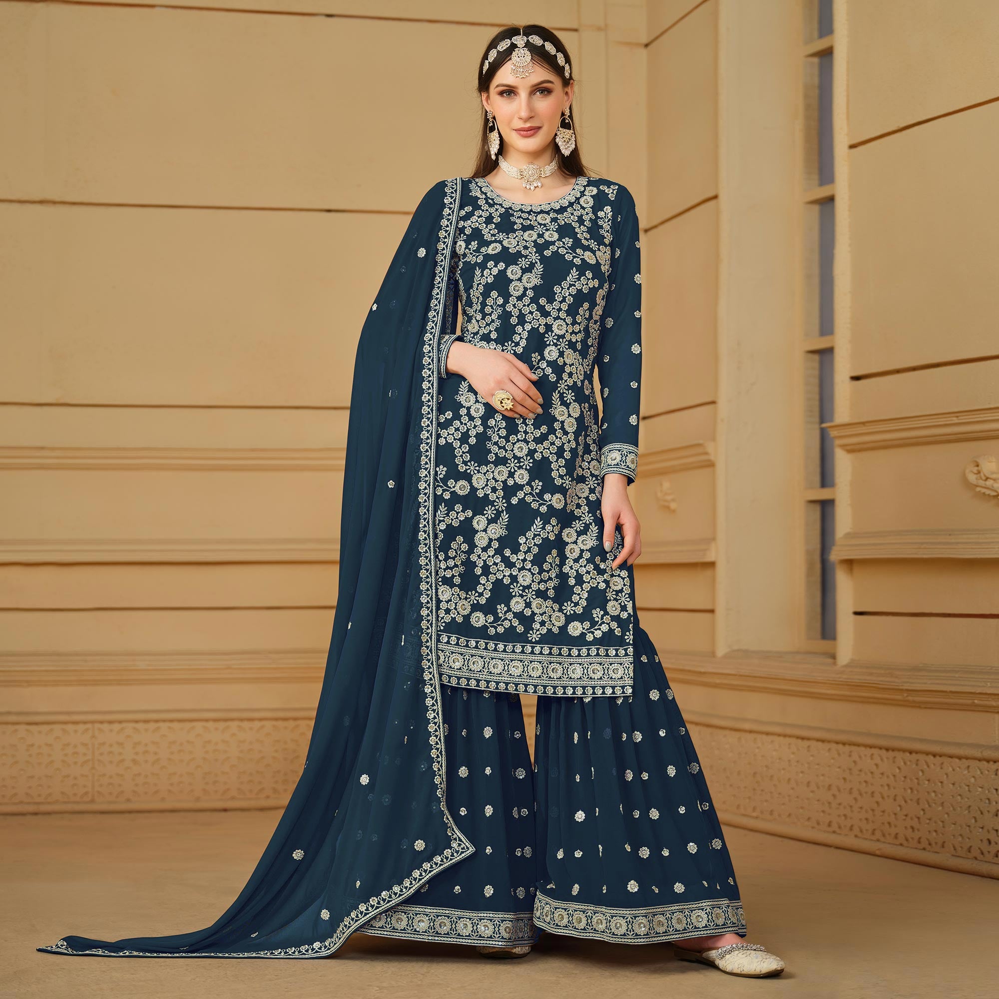 Teal Floral Embroidered Georgette Semi Stitched Sharara Suit