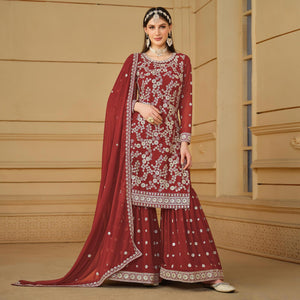 Rust Floral Embroidered Georgette Semi Stitched Sharara Suit