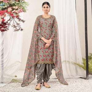 Grey Floral Sequins Embroidered Net Patiala Suit
