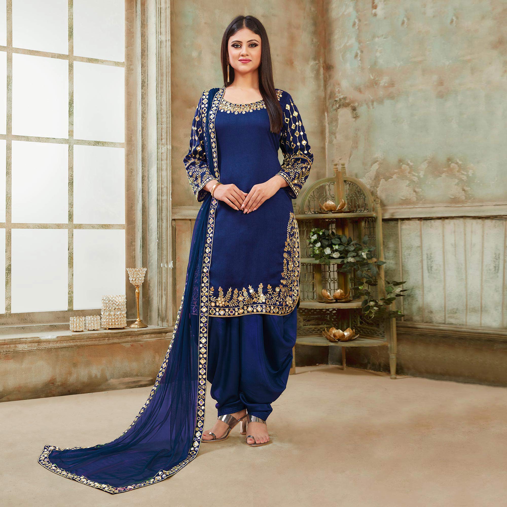 Blue Floral Embroidered Art Silk Patiala Suit