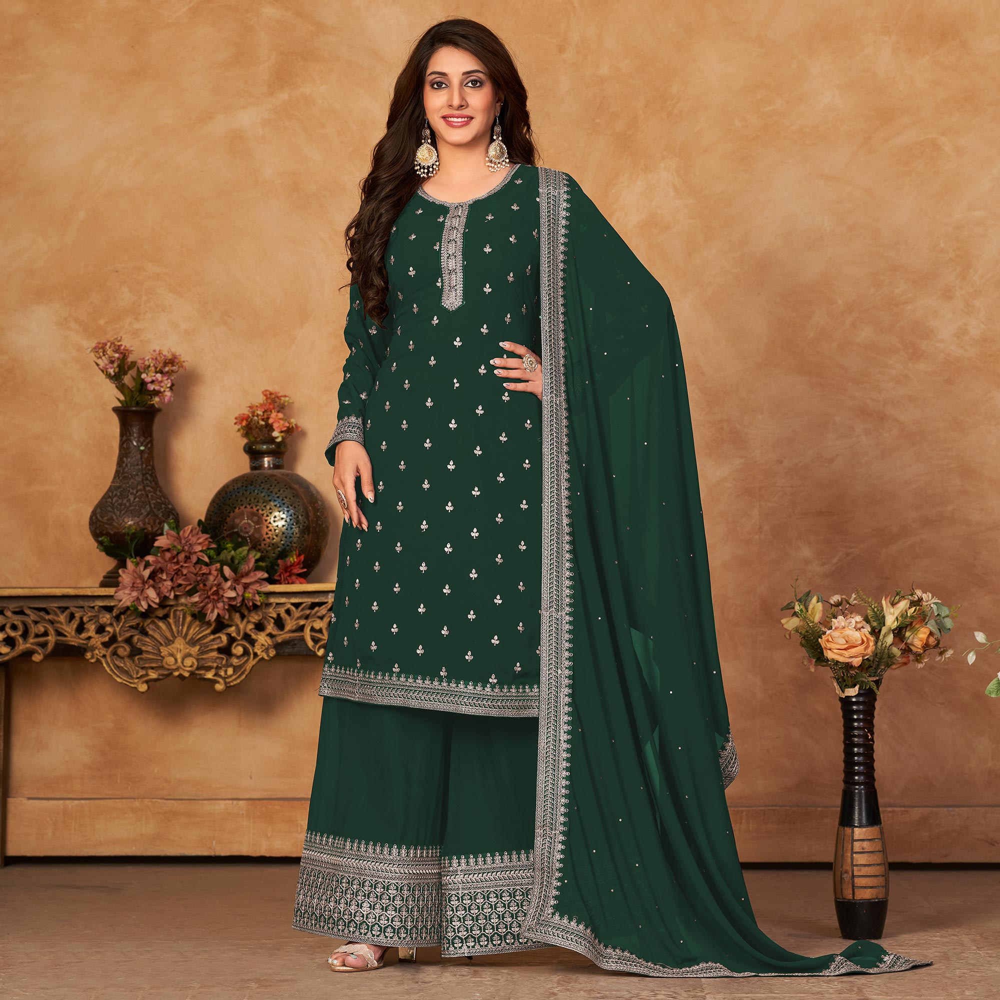 Green Floral Embroidered Georgette Semi Stitched Suit