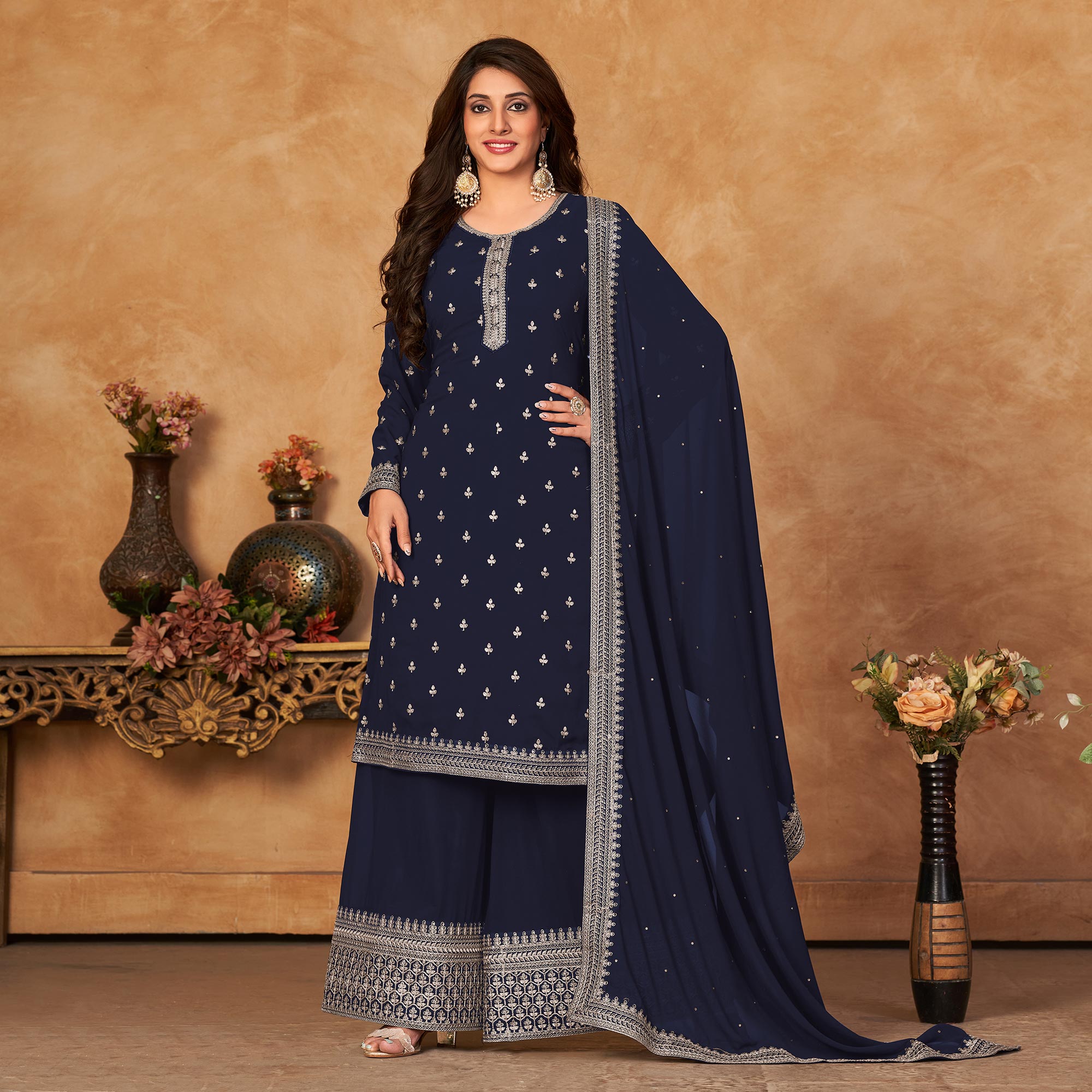 Blue Floral Embroidered Georgette Semi Stitched Suit