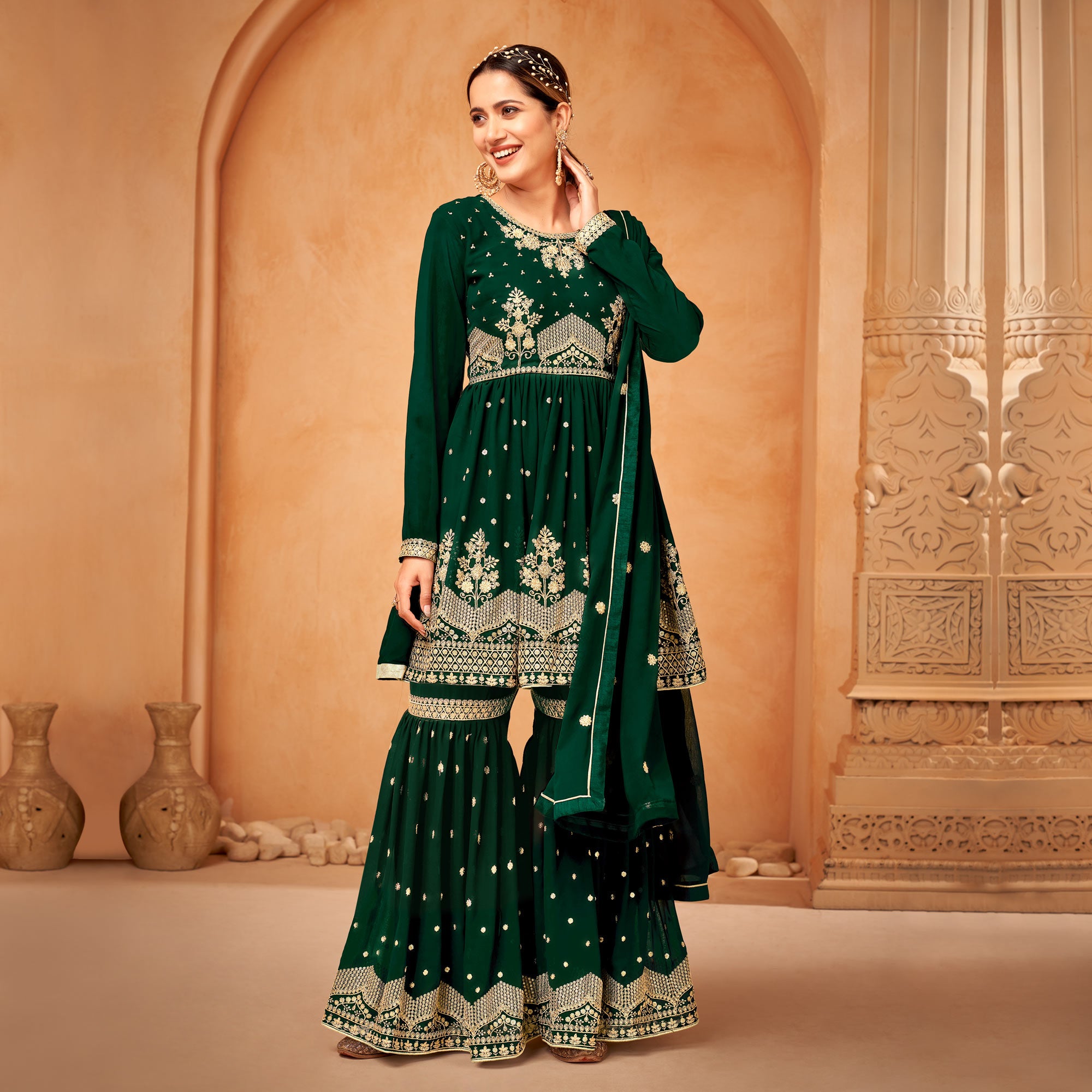 Green Floral Sequin Embroidered Georgette Semi Stitched Suit